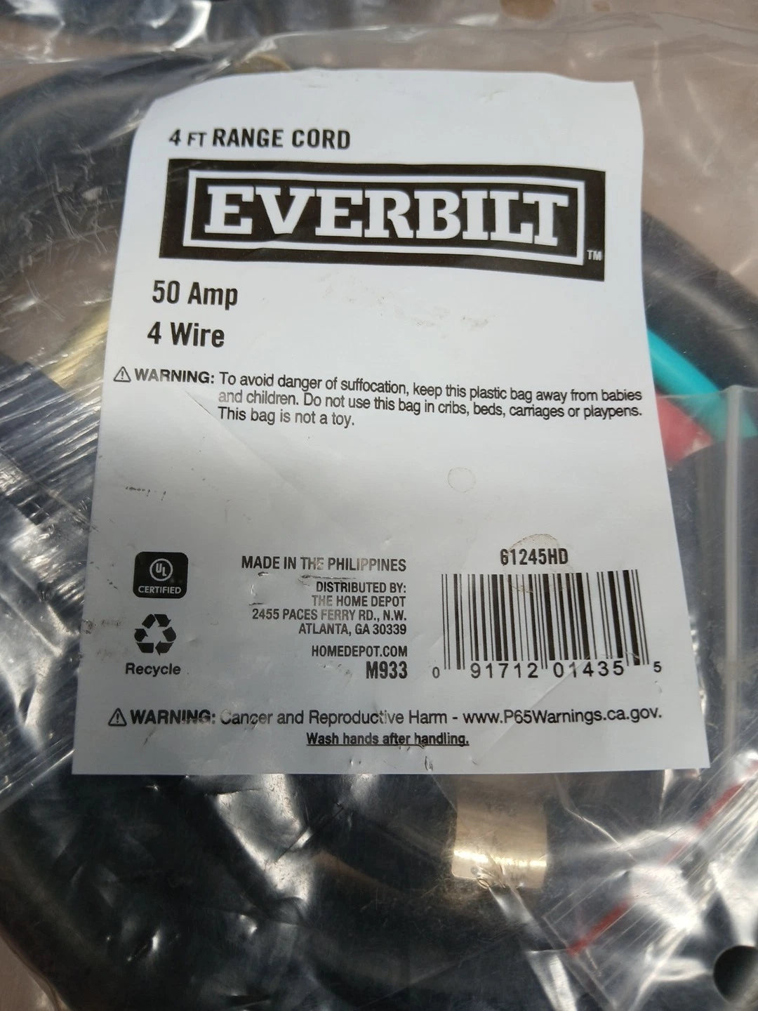 6 PACK Everbilt 61245HD 4ft Range Stove Cord Plug 50 Amp 4 Wire 4 Prong
