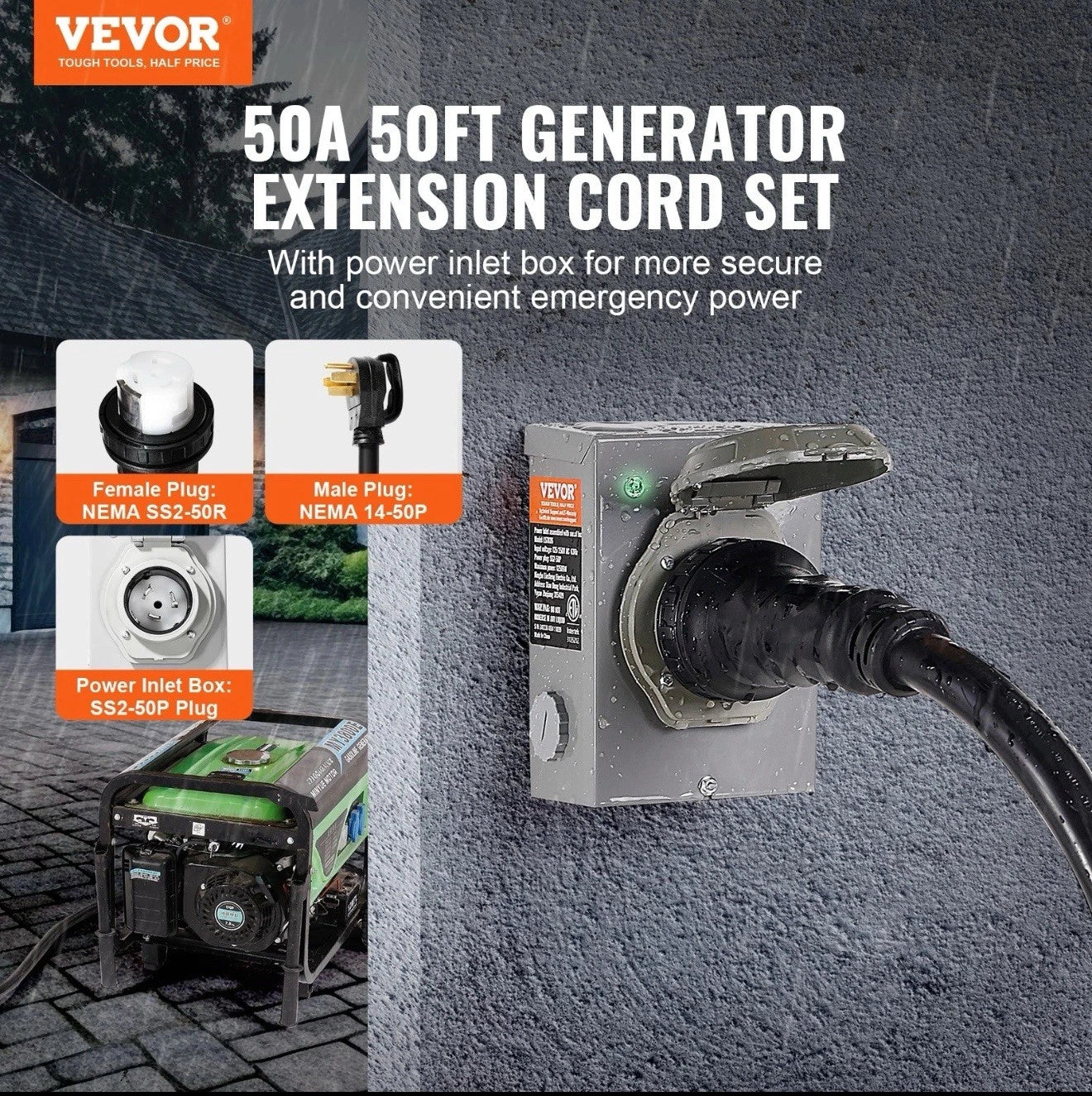 VEVOR 50 Amp Generator Cord and Power Inlet Box 50FT NEMA 14-50P/SS2-50R STW