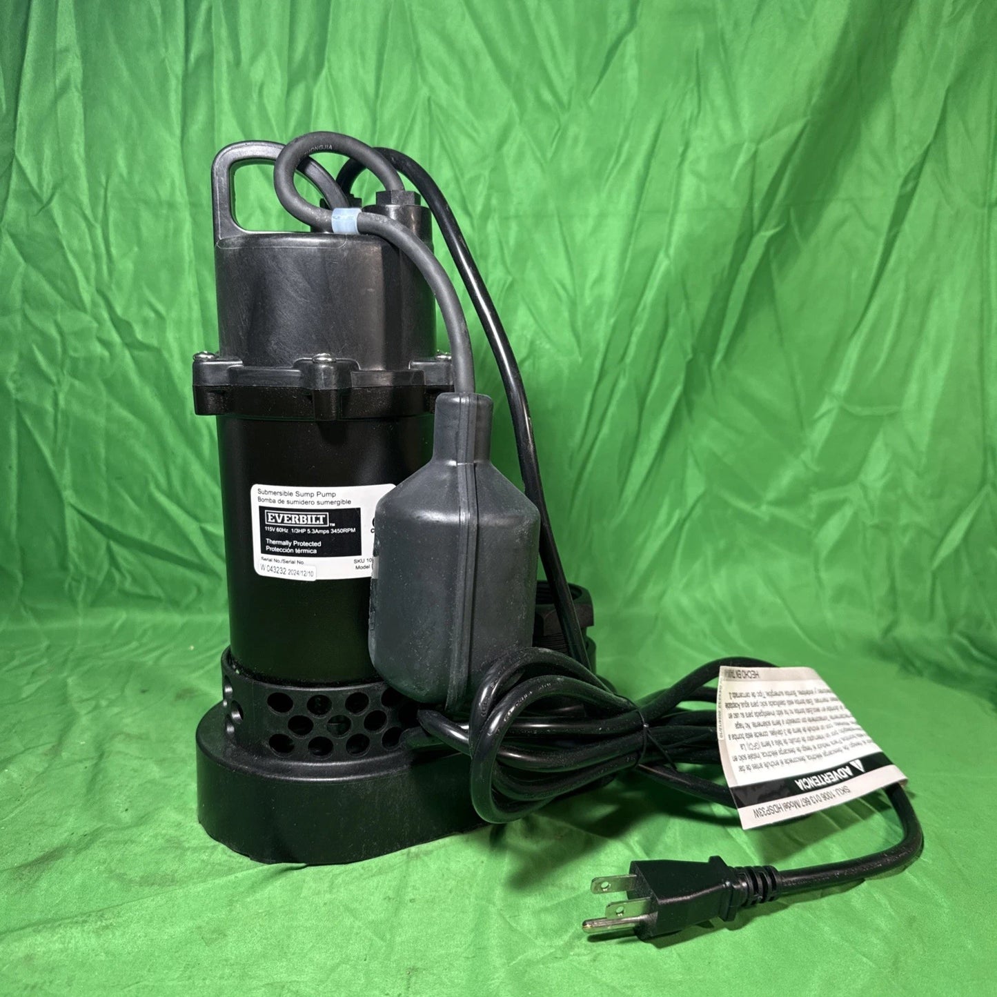 Everbilt 1/3 HP Corrosion Resistant Aluminum Sump Pump w/ Tether Switch NEW OB.