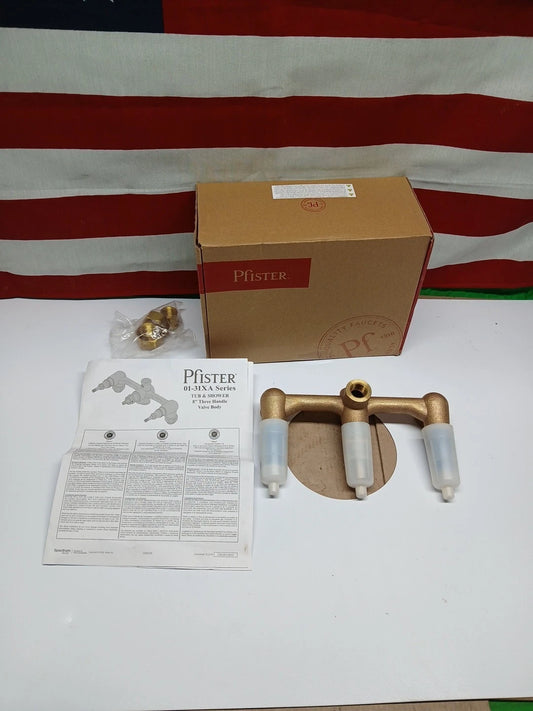 Pfister 01-31XA Fixed Brass 3-Handle Rough In Valve Body 8 in, NEW OB