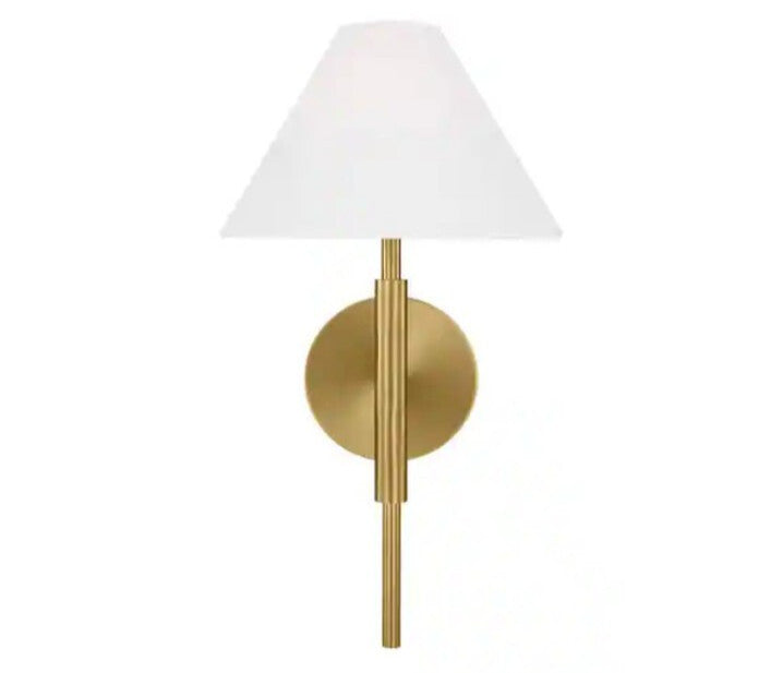 Porteau 1-light Satin Brass Wall Sconce with White Linen Fabric Shade Open Box