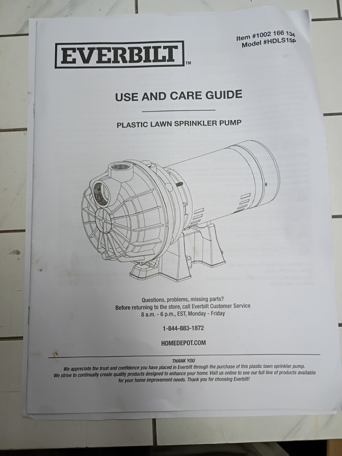 Everbilt HDLS15P, Lawn Irrigation Pump Plastic 1-1/2HP, 52 GPM **PARTS ONLY**