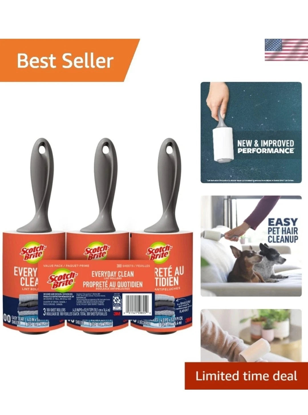 (3pack) Scotch Brite Everyday Clean Lint Roller -, White, 300 Sheets