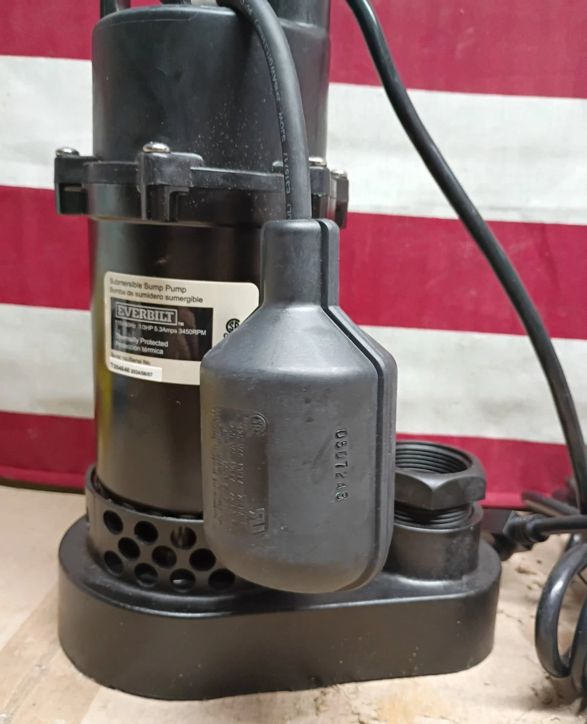 Everbilt 1/3 HP Corrosion Resistant Aluminum Sump Pump w/ Tether Switch OB.
