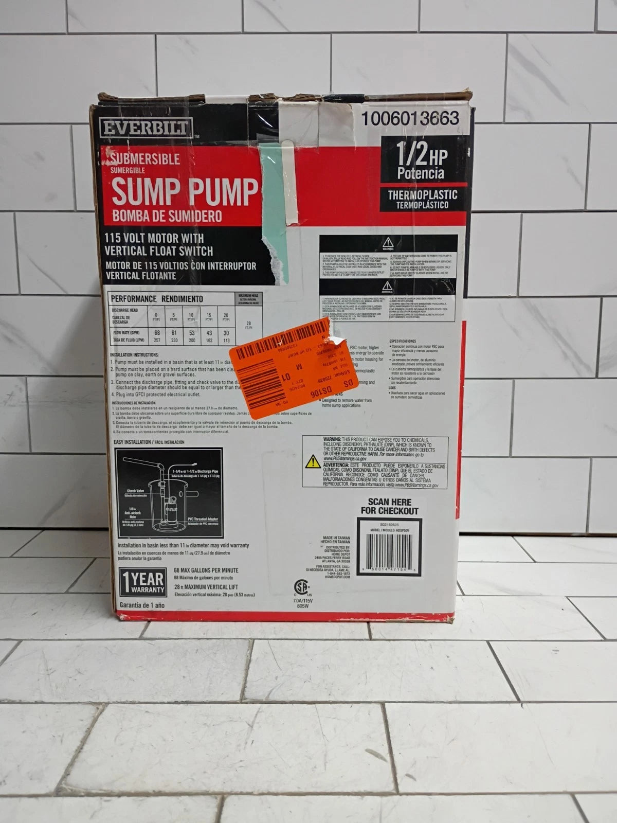 Everbilt HDSP50V 1/2 HP submersible Aluminum Vertical Float Switch Sump Pump OB