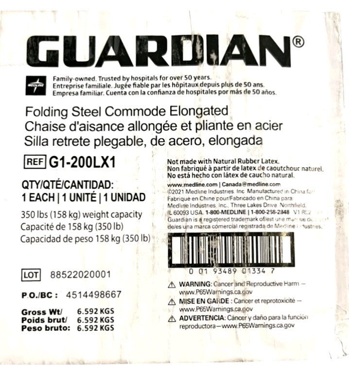 Guardian Folding 3-in-1 Steel Elongated Commode P/N G1 200X1 350lb Capacity OB