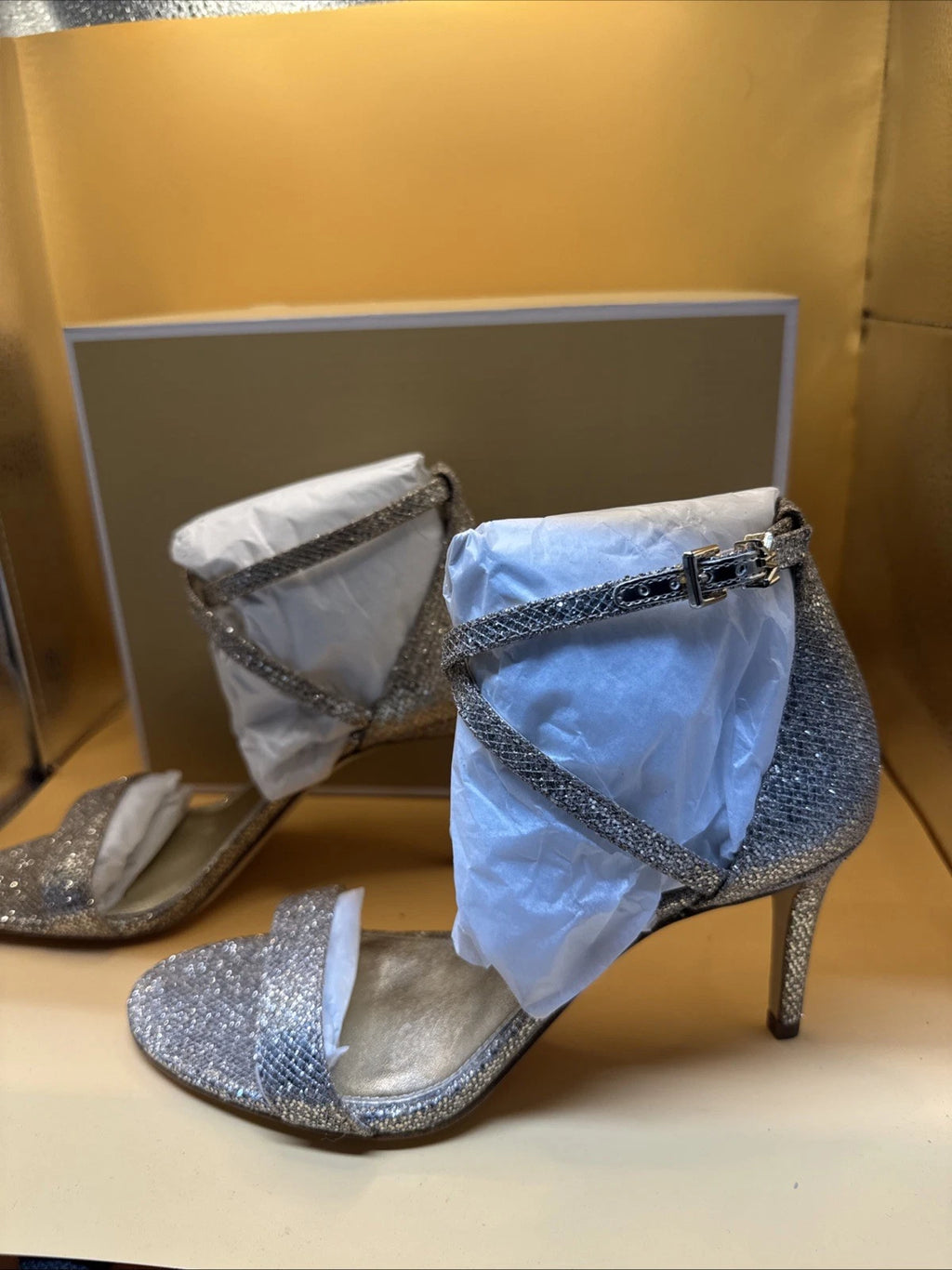 Michael Kors Simone Mid Gold Glitter Strappy Slingback Sandal New w/Box Size 7M