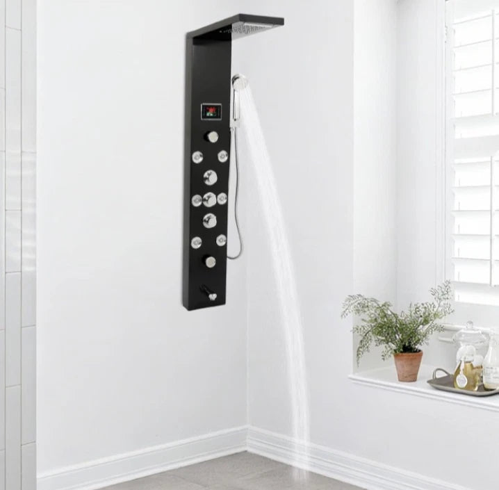 Black LED Shower Panel Tower System, 8 Body Massage Jets, Stainless Steel...