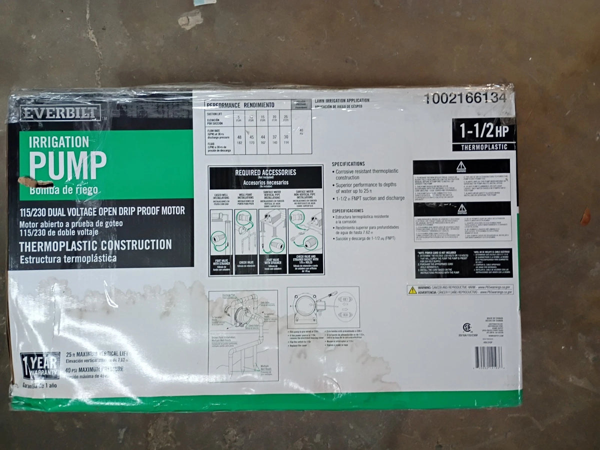 Everbilt HDLS15P, Lawn Irrigation Pump Plastic 1-1/2HP 52-GPM NEW OPEN BOX