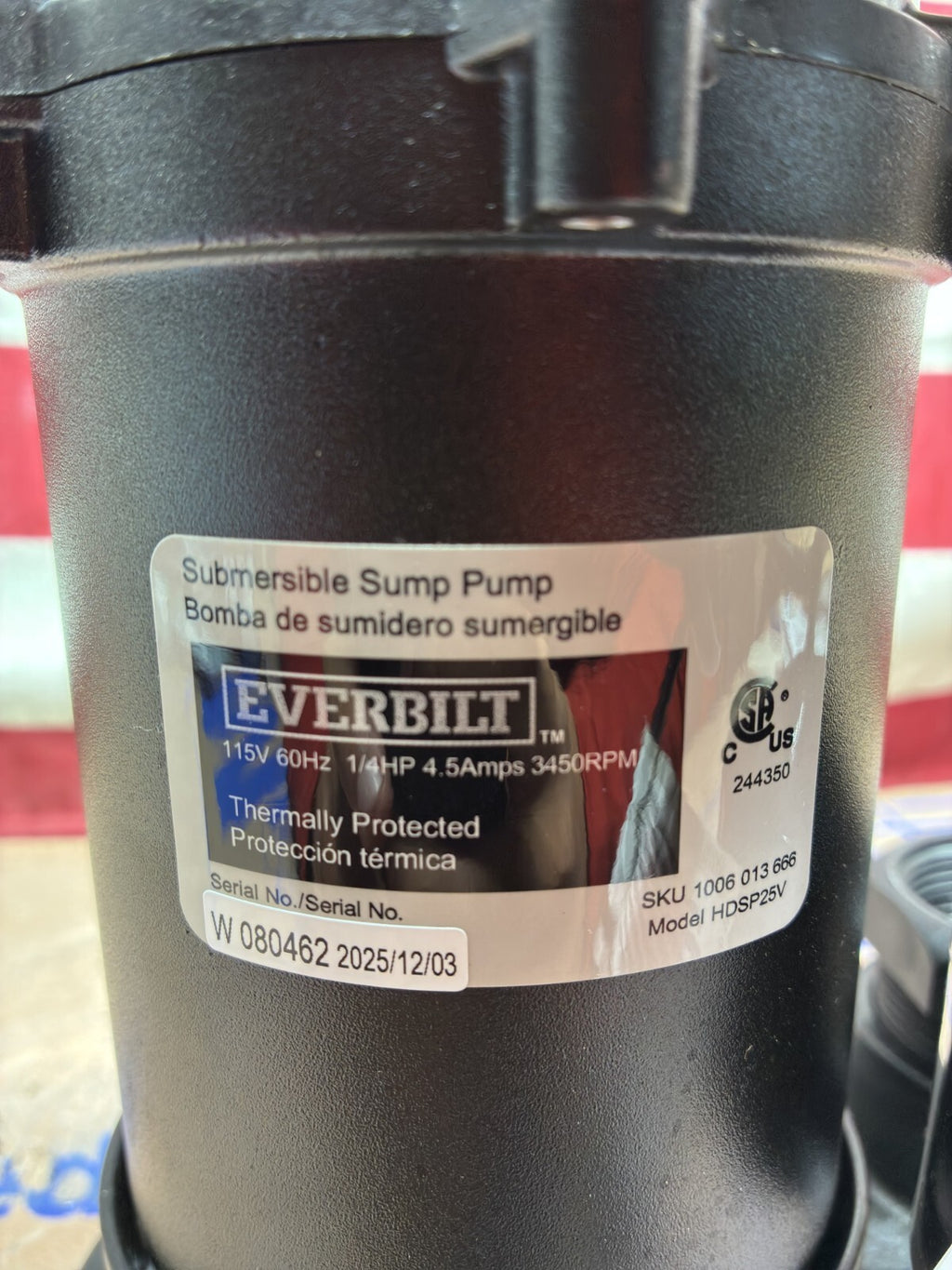 Everbilt HDSP25V 1/4 HP Aluminum Submersible Sump Pump Vertical Switch Open Box