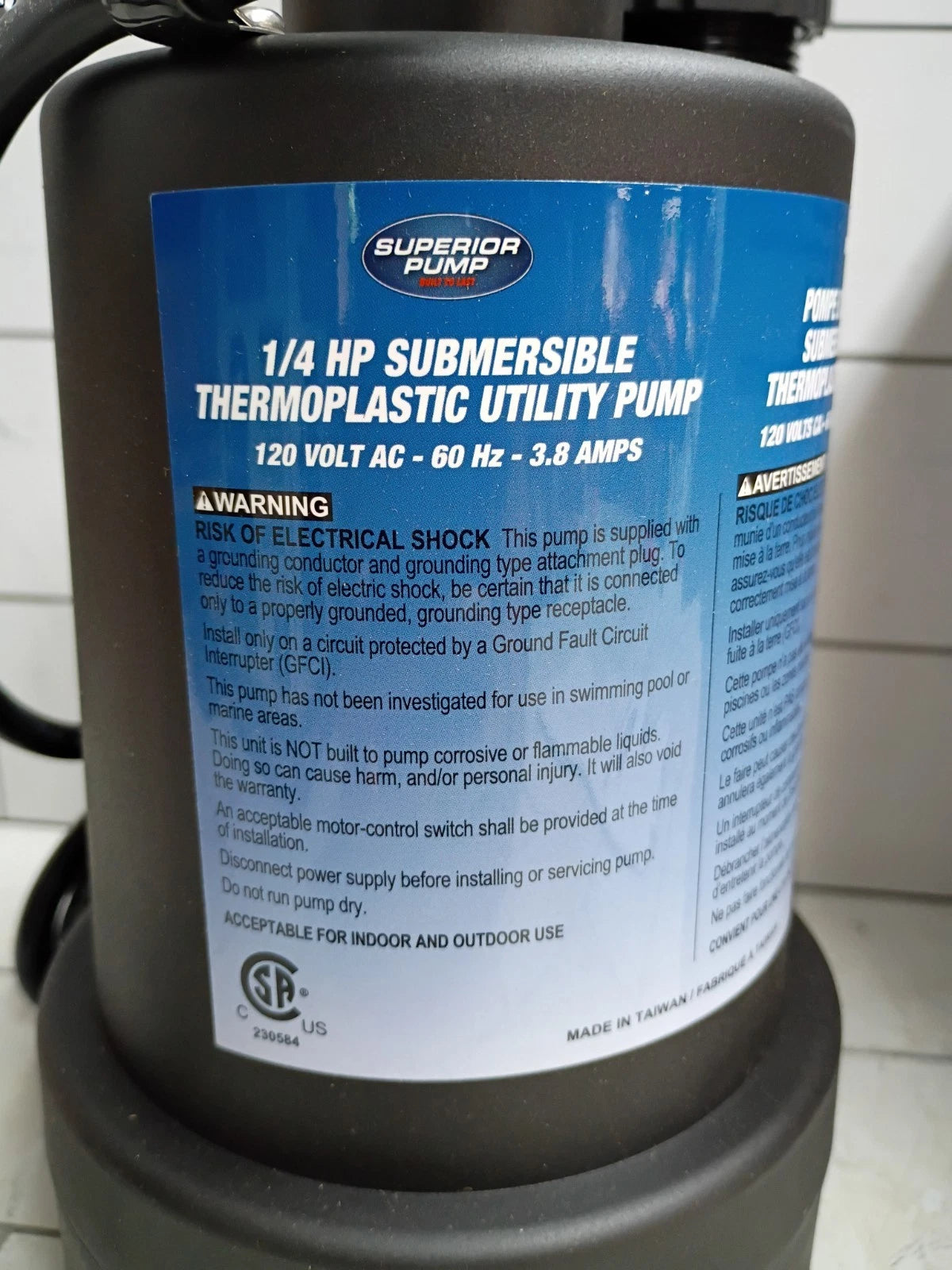 Barracuda 1/4 HP Thermoplastic Submersible Utility Pump 1800 GPH Open Box