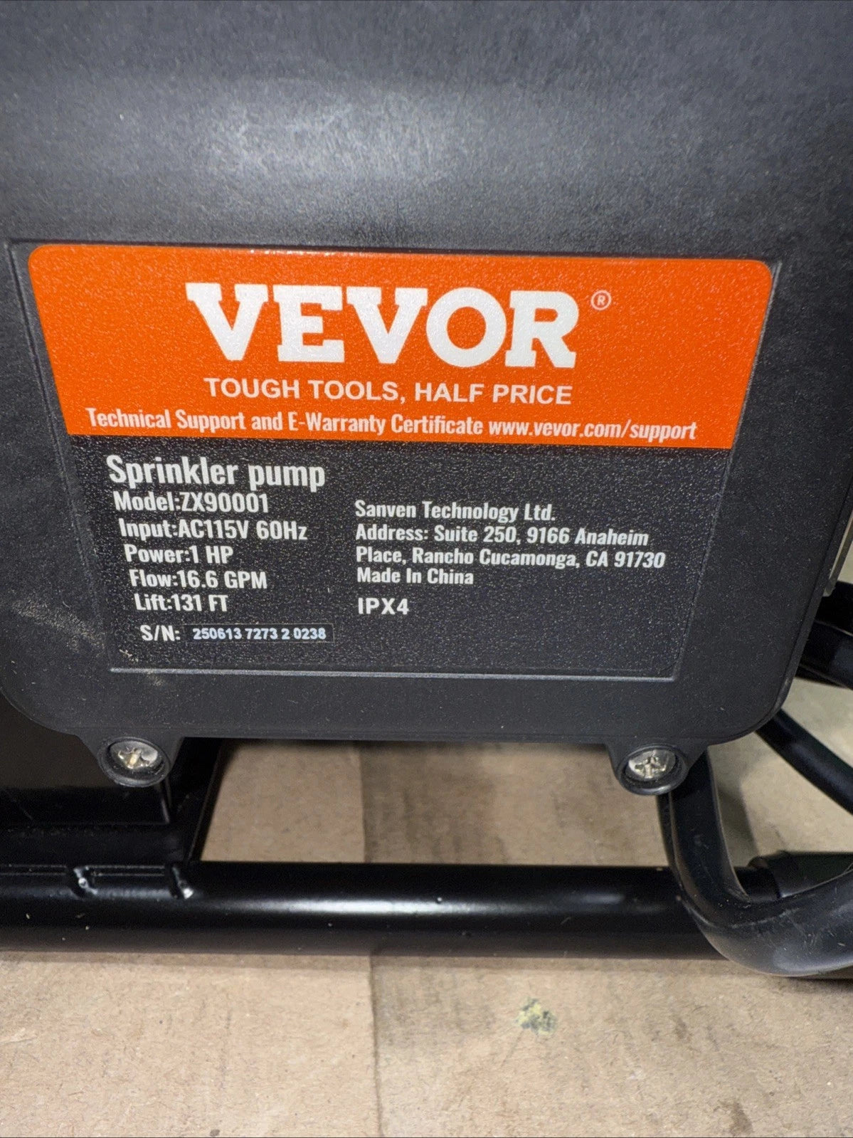 Vevor Sprinkler Pump Model ZX90001 / ZX11001 | AC115V 60Hz 1 HP - Brand New