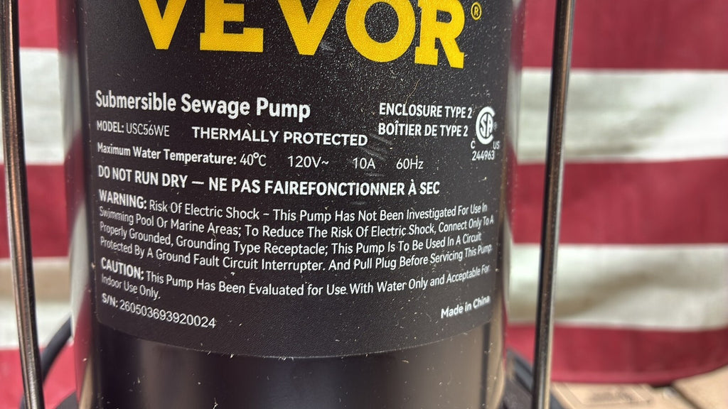 VEVOR USC56WE Submersible Sewage Pump, 3/4 HP, 5880 GPH, 1050W, OB