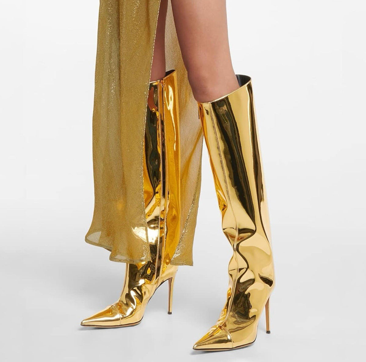 Arqa Women’s 9.5 Gold boot pointed toe stiletto heel knee high boot zipper