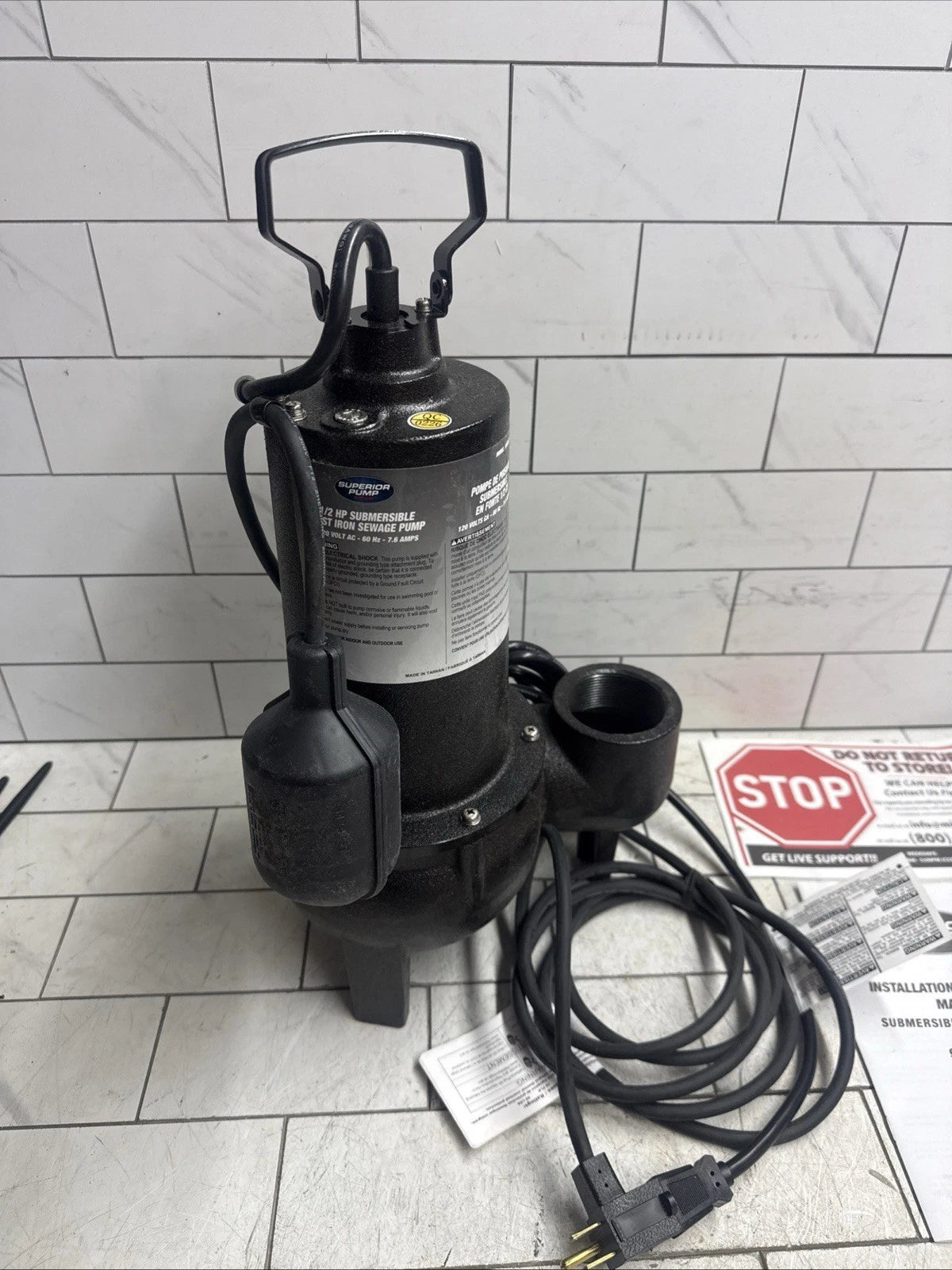 Superior Pump 93501 1/2HP Submersible Sewer Ejector Pump Cast Iron