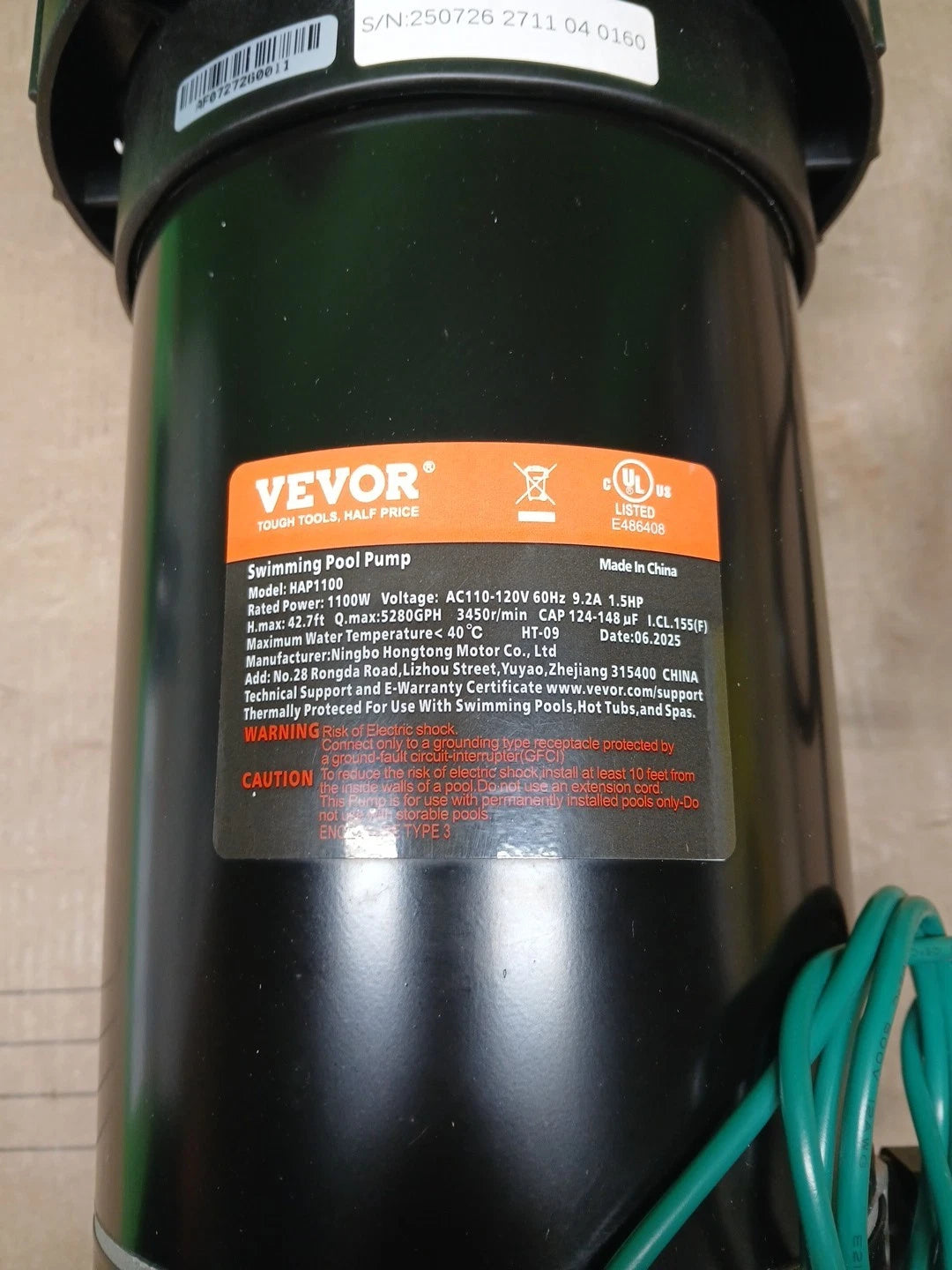 VEVOR Swimming Pool Pump 1.5HP 115V 1100W, Single Speed Pumps for Above Ground,