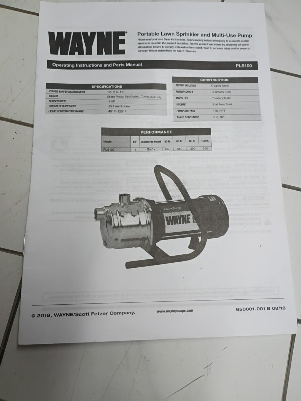 Wayne PLS100 1HP Portable Lawn Sprinkling Pump 115V 720GPH NEW OPEN BOX