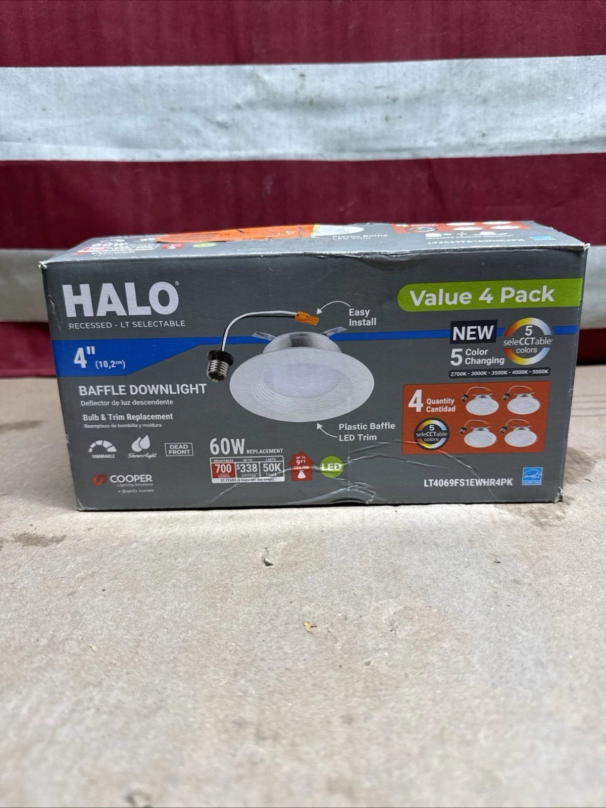 Halo 4" LED Recessed Baffle Trim 4-Pack 5CCT 2700-5000K 700lm Dimm