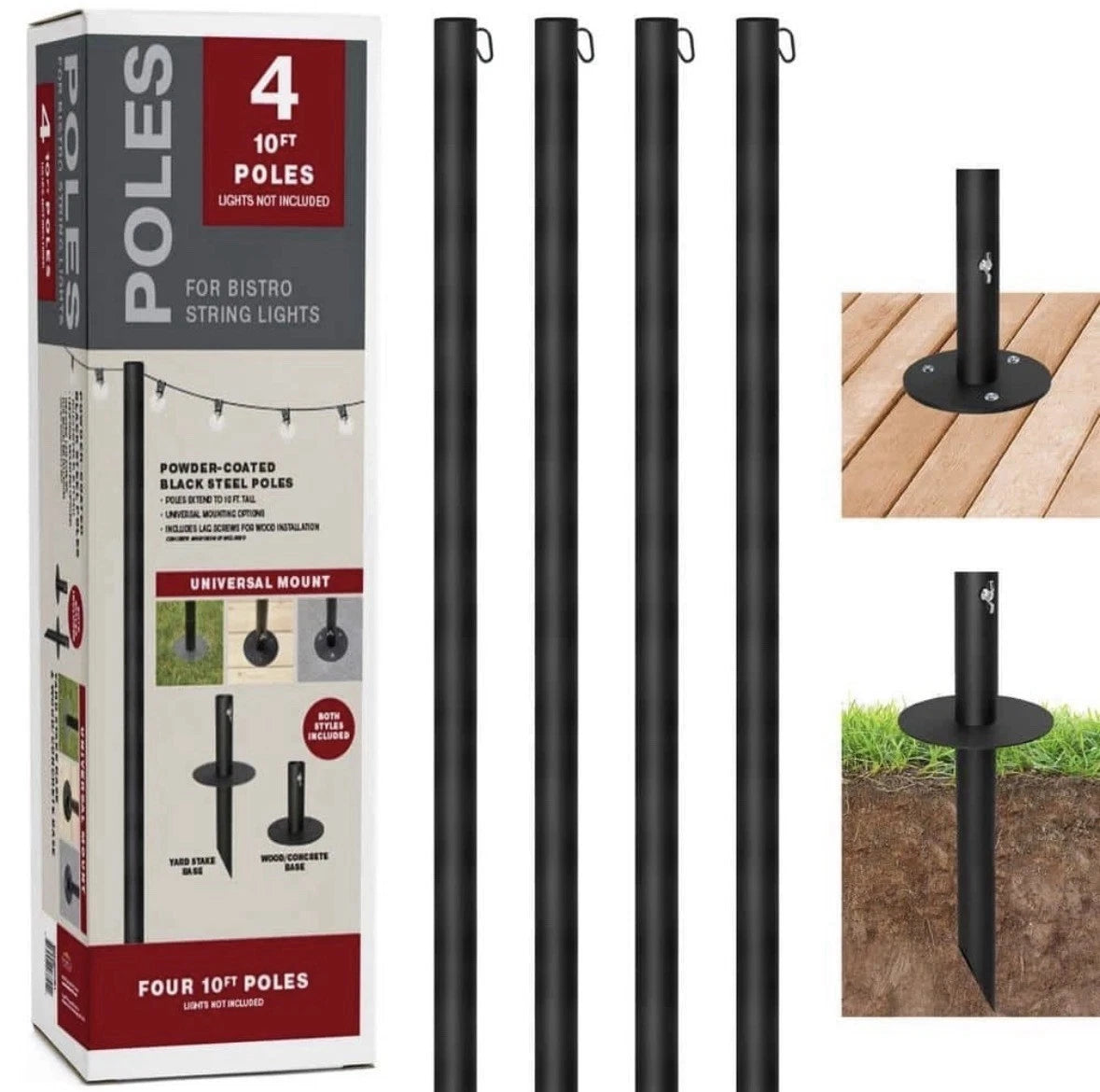 EXCELLO GLOBAL PRODUCTS Bistro String Light Poles - 4 Pack - Extends to 10ft,