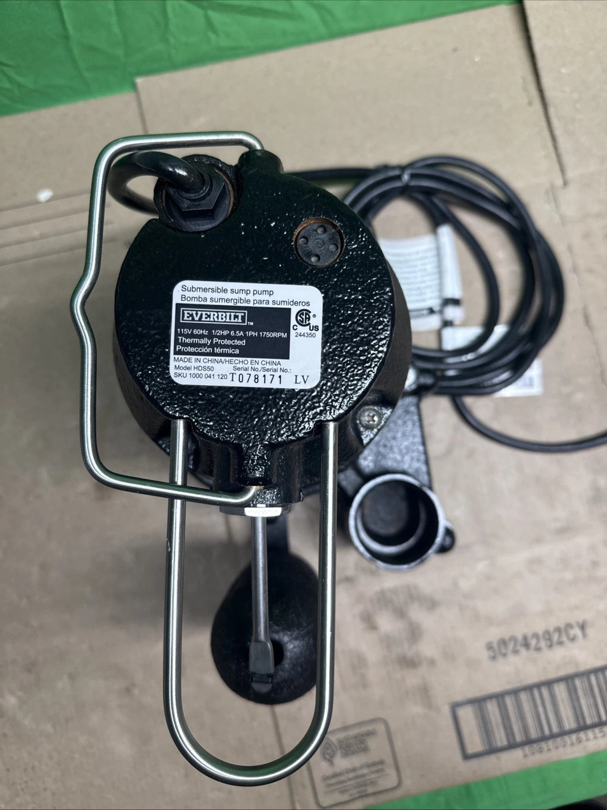 Everbilt 1/2 HP Cast Iron Sump Pump Model # HDS50 USED.