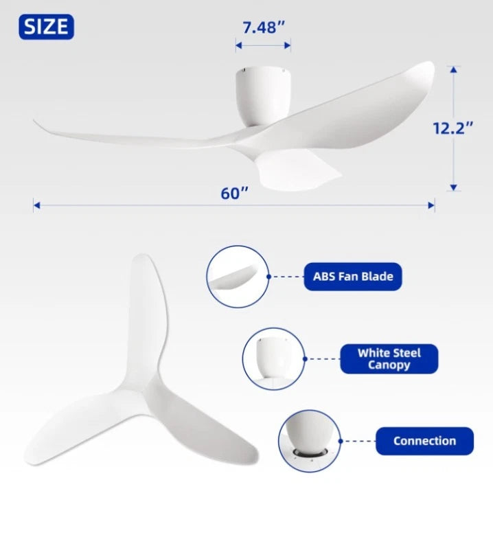 60-Inch Ceiling Fan Without Light, Modern Low-Profile Flush Mount Fan with...