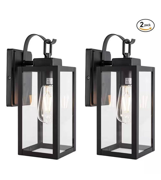 Pia Ricco 1-Light Matte Black Hardwired Outdoor Fixture Wall Lantern Light 2-PK