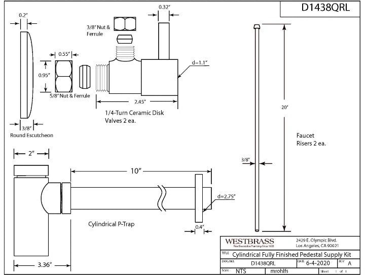Westbrass D1438QRL-26 Pedestal Sink Lavatory Supply Line Kit with Qubic Bottl...