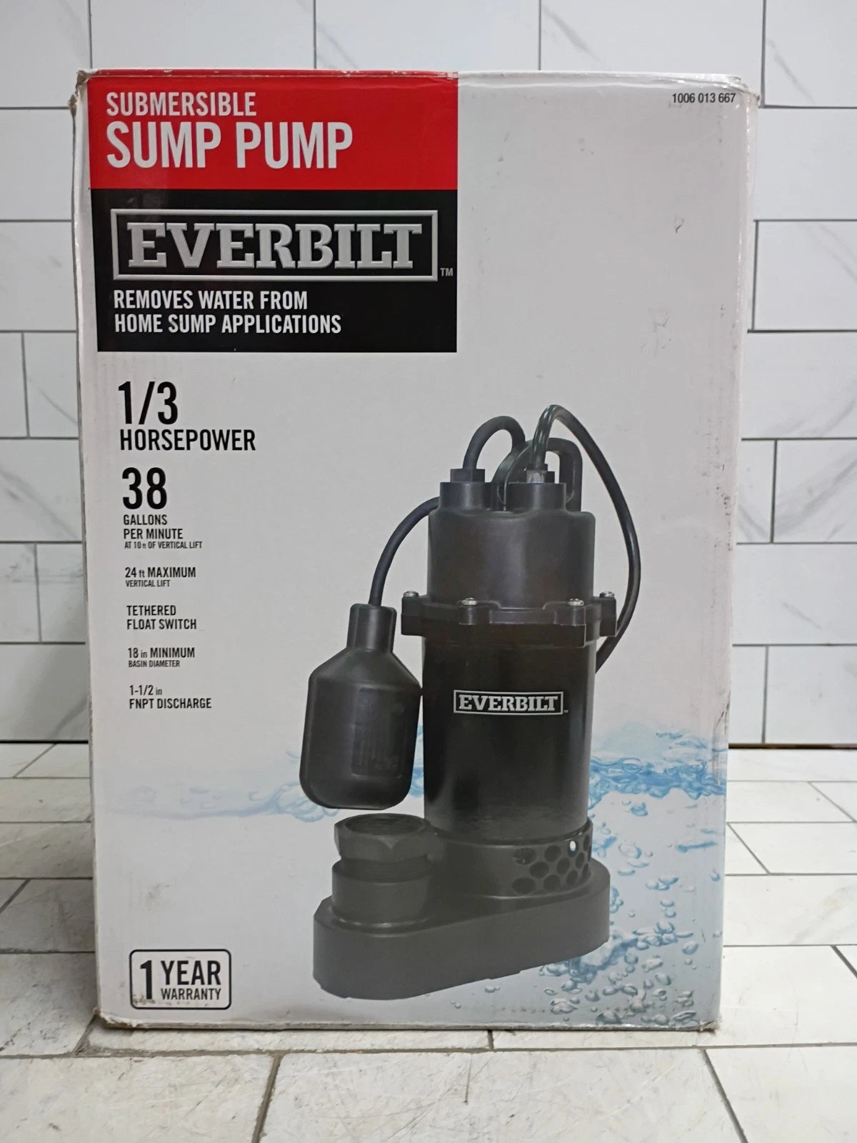 Everbilt 1/3 HP Corrosion Resistant Aluminum Sump Pump w/ Tether Switch