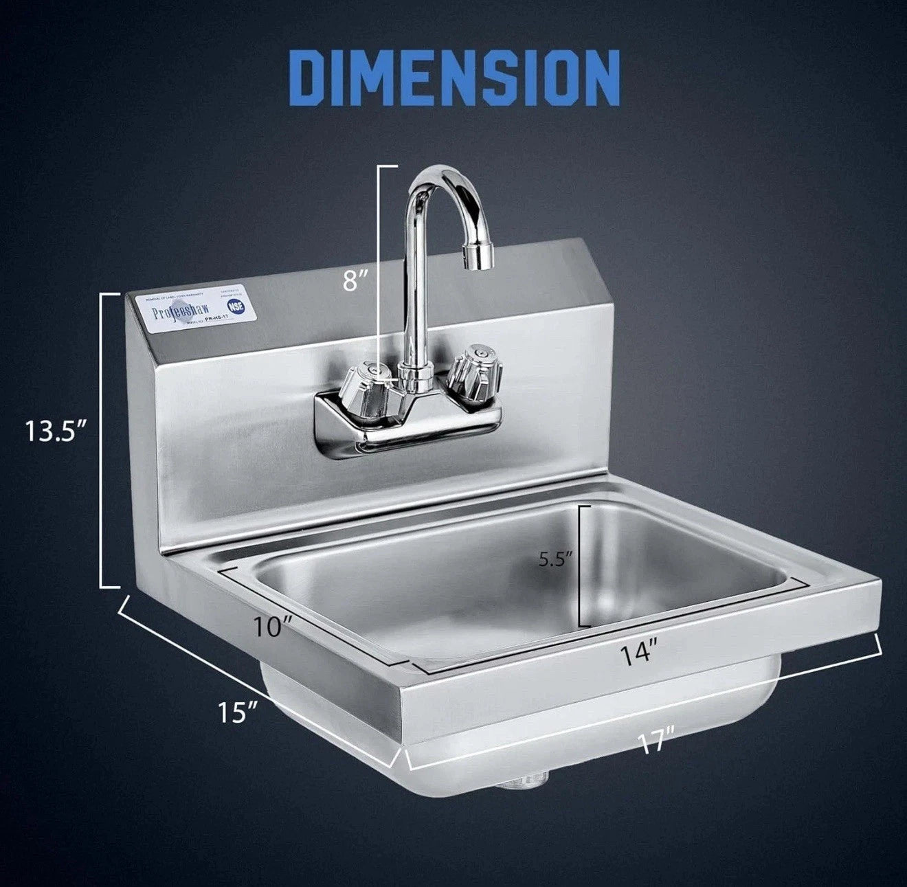 Stainless Steel Wall Mount Hand Wash Basin NSF Certified 17x15 with Gooseneck...