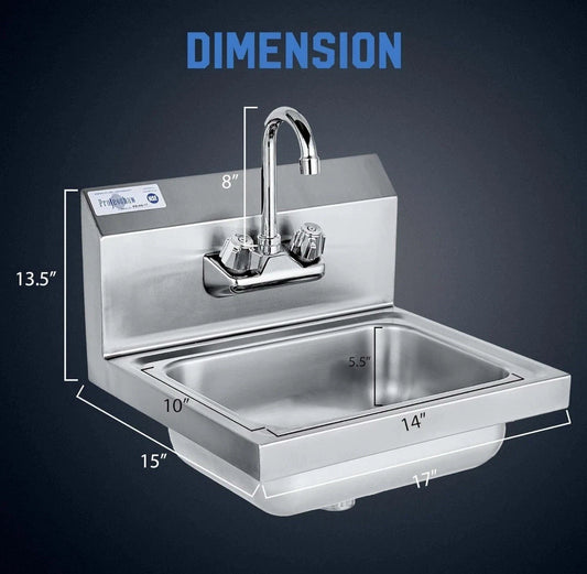 Stainless Steel Wall Mount Hand Wash Basin NSF Certified 17x15 with Gooseneck...