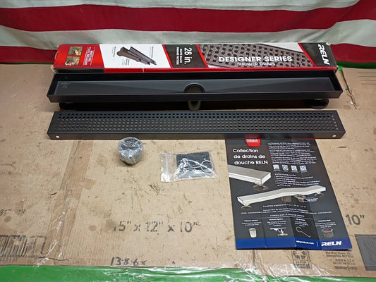 RELN FD2803SQBK 28" Matte Black Linear Shower & Drain, Square Pattern Cover, OB,