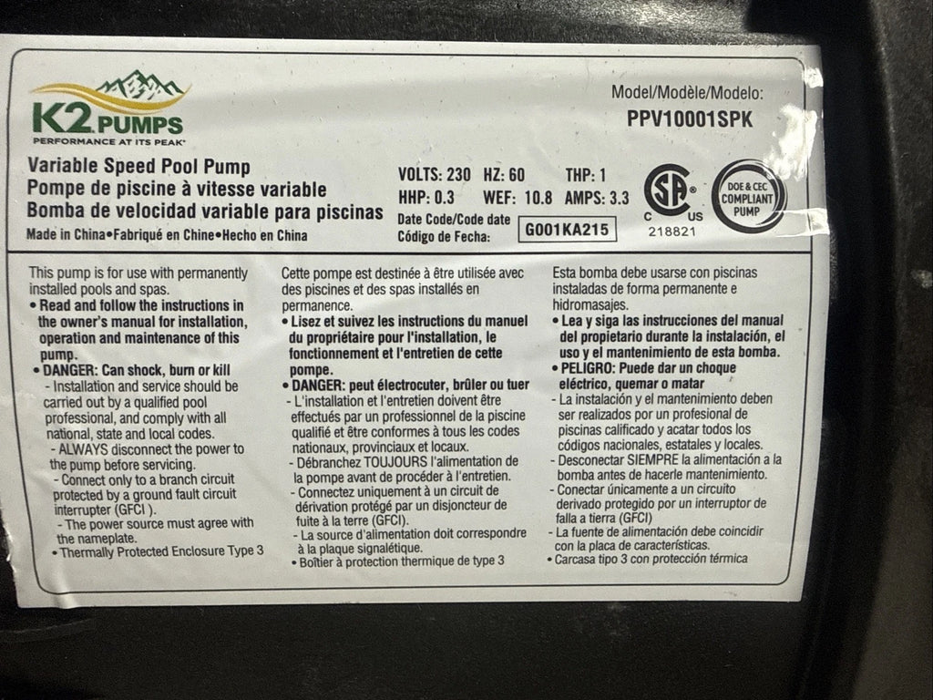 K2 Pumps Pool Pump 1 Hp Variable Speed 230 Volt Doe & Cec Compliant New Open Box