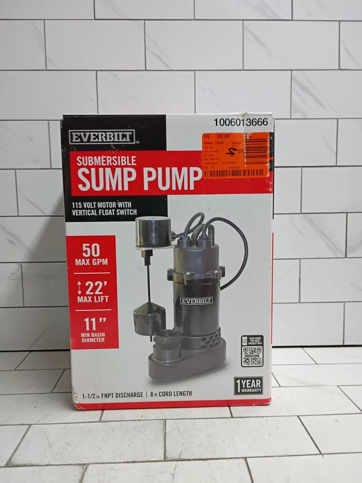 Everbilt HDSP25V 1/4 HP Submersible Sump Pump vertical float switch OB