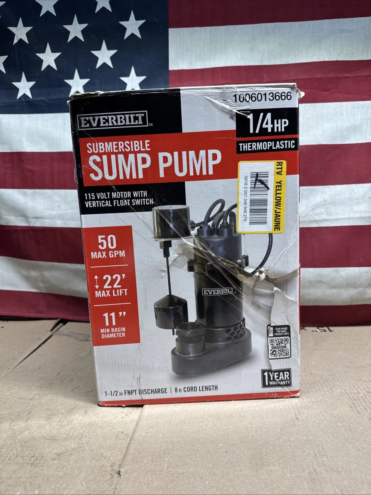 Everbilt HDSP25V 1/4 HP Aluminum Submersible Sump Pump Vertical Switch Open Box.