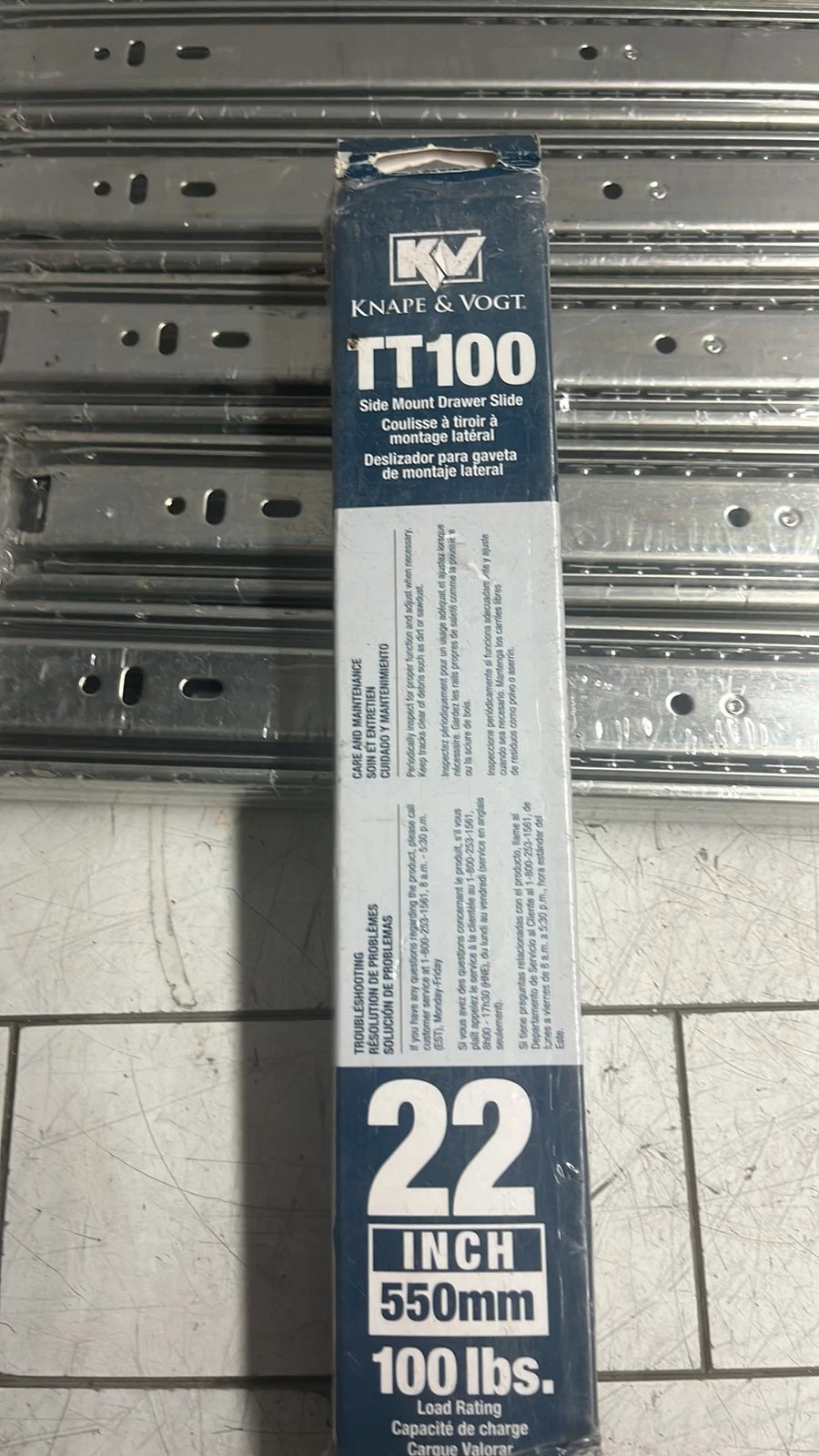 8-PACK Knape & Vogt TT100RP Zinc Plated Steel Full Extension Drawer Slide 22"