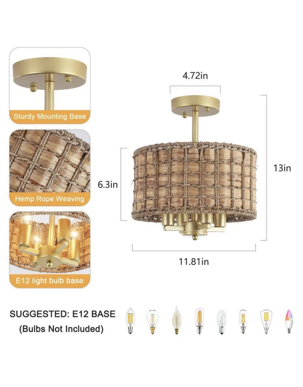 ETONIMERR Scrow 4-light 12 In. Gold Bohemian Drum Pendant Light With Hand Wov…