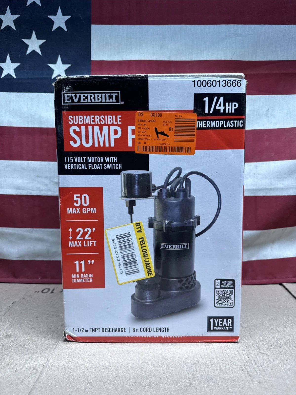 Everbilt HDSP25V 1/4 HP Aluminum Submersible Sump Pump Vertical Switch Open Box