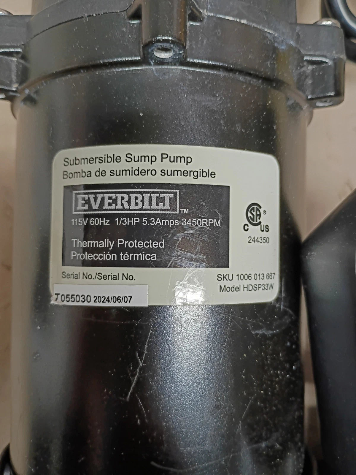 Everbilt 1/3 HP Corrosion Resistant Aluminum Sump Pump w/ Tether Switch Used.