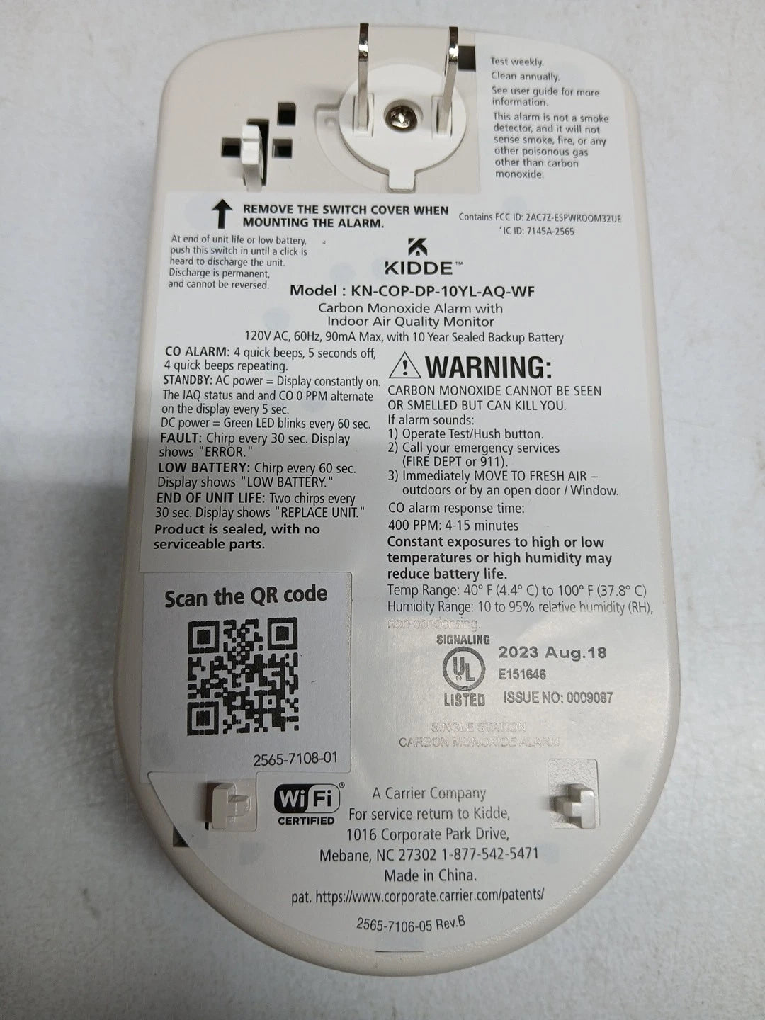 Kidde Carbon Monoxide Alarm with Indoor Air Quality Monitor KN-COP-DP-10YL-AQ-WF