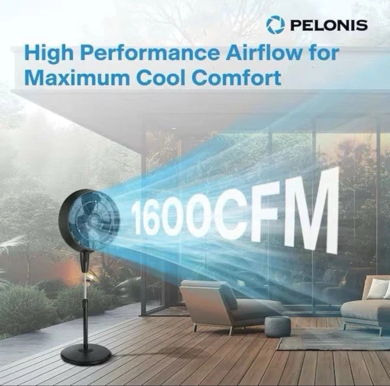 Pelonis 18 in. 3-Speed Outdoor Misting Pedestal Fan 1600 CFM Black.