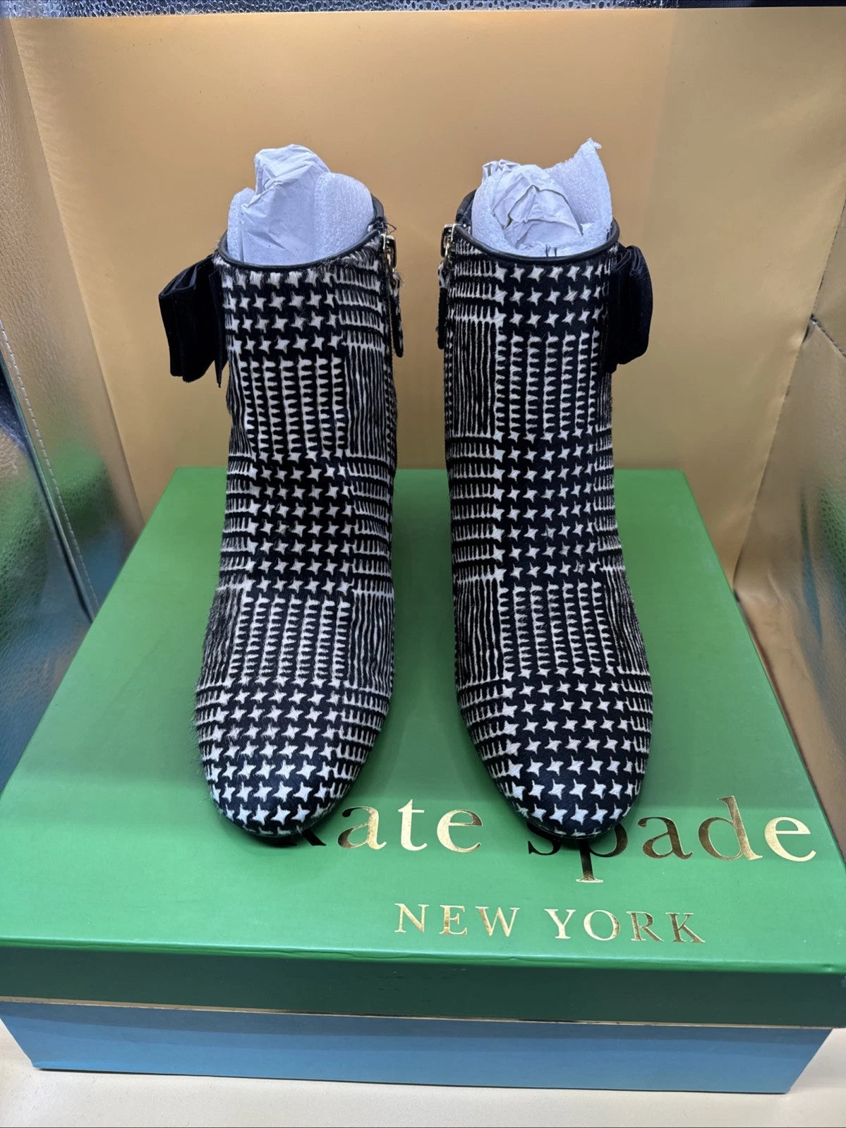 Kate Spade Holly Houndstooth Black White Bow Block Heel Ankle Boots size 7M