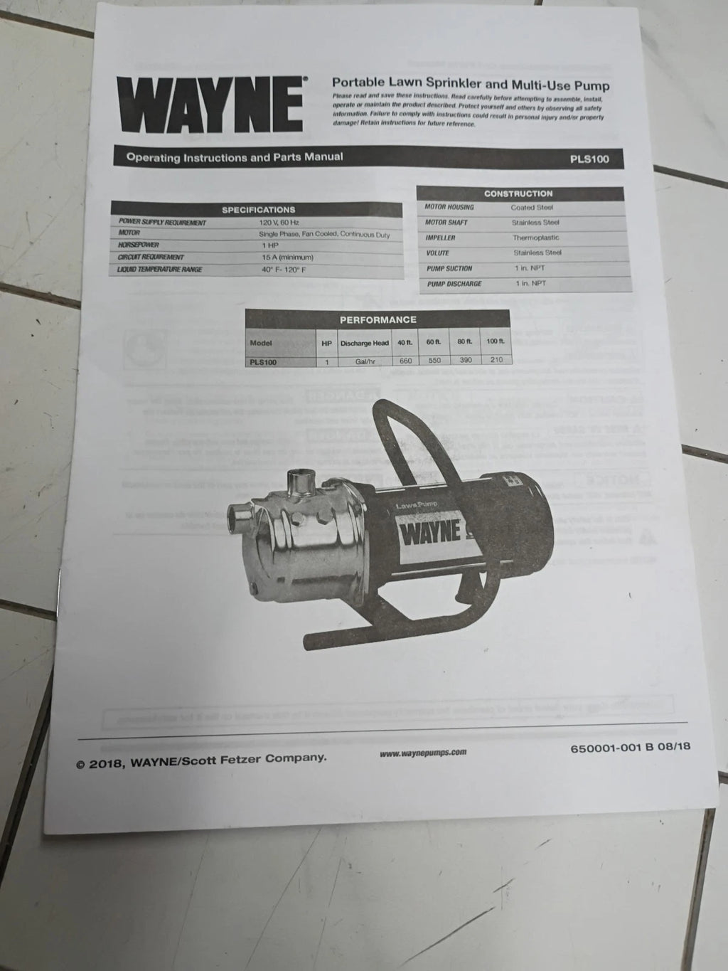Wayne PLS100 1HP Portable Lawn Sprinkling Pump 115V 720GPH NEW OPEN BOX