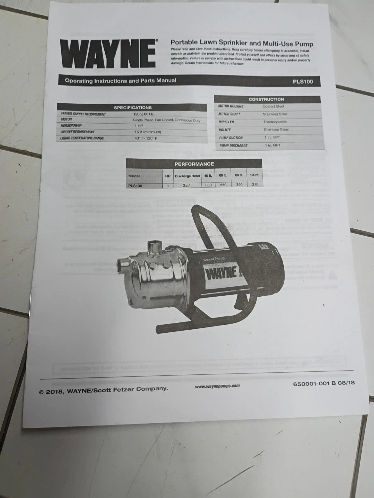 Wayne PLS100 1HP Portable Lawn Sprinkling Pump 115V 720GPH NEW OPEN BOX