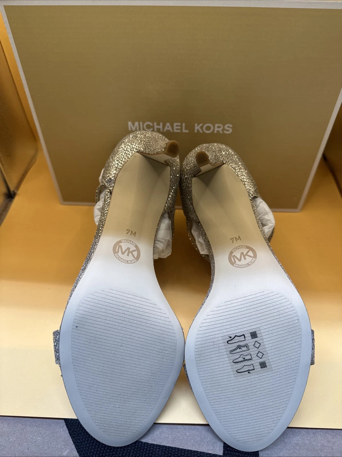 Michael Kors Simone Mid Gold Glitter Strappy Slingback Sandal New w/Box Size 7M