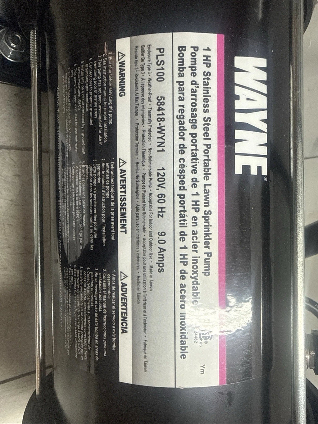 WAYNE PLS100 1 HP Portable Stainless Steel Lawn Irrigation Sprinkler Pump NOB