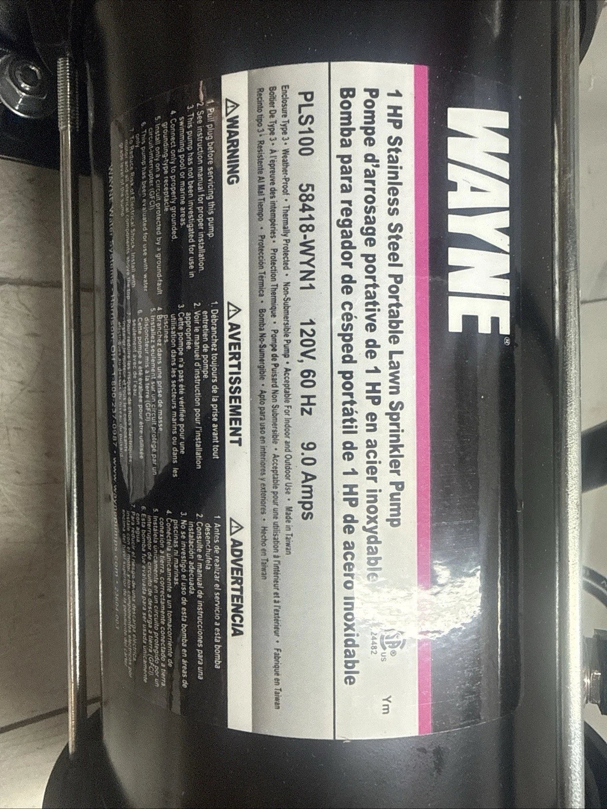 WAYNE PLS100 1 HP Portable Stainless Steel Lawn Irrigation Sprinkler Pump NOB