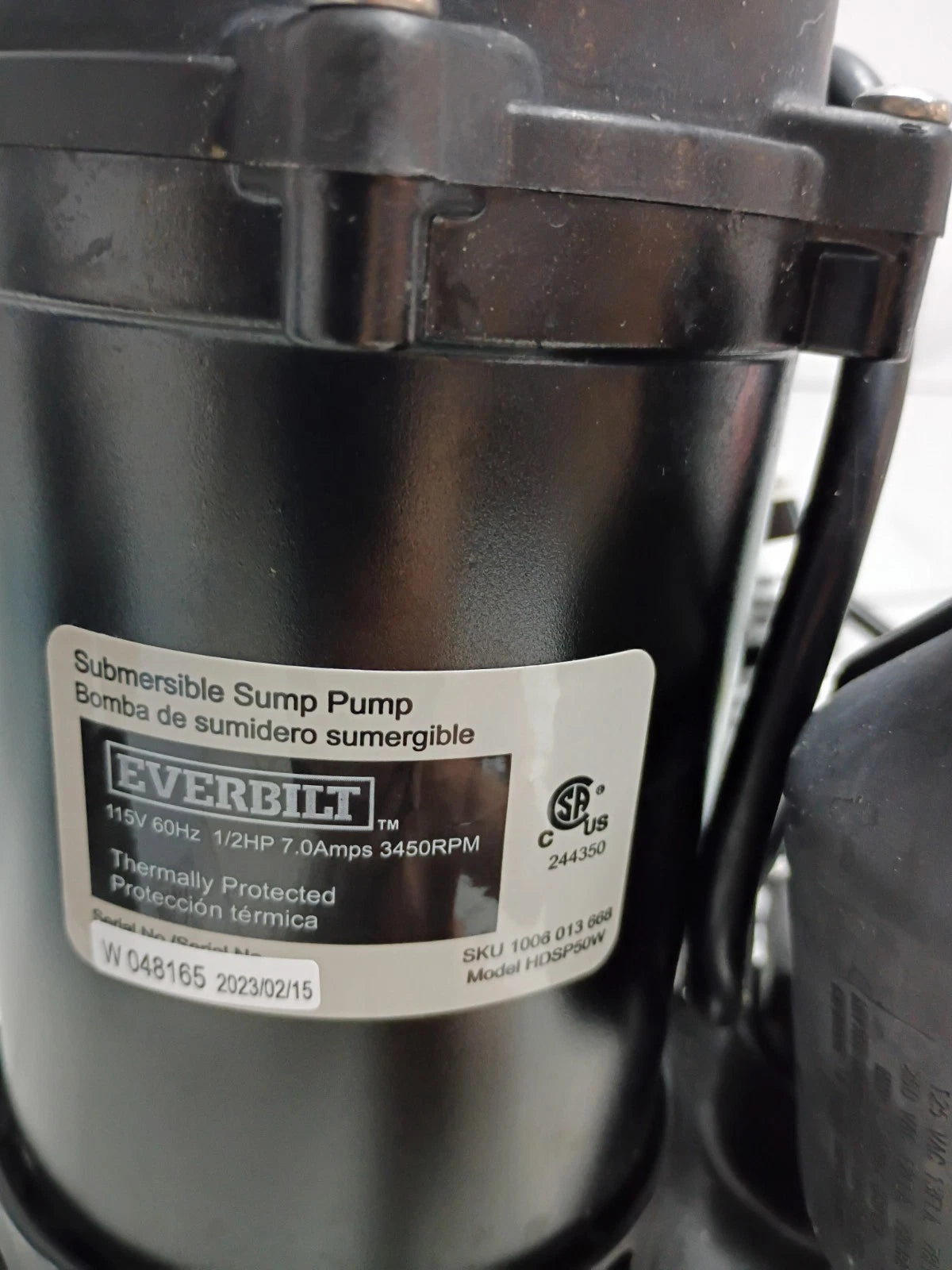 Everbilt HDSP50W 1/2 HP Submersible Aluminum Sump Pump with Tethered Switch OB