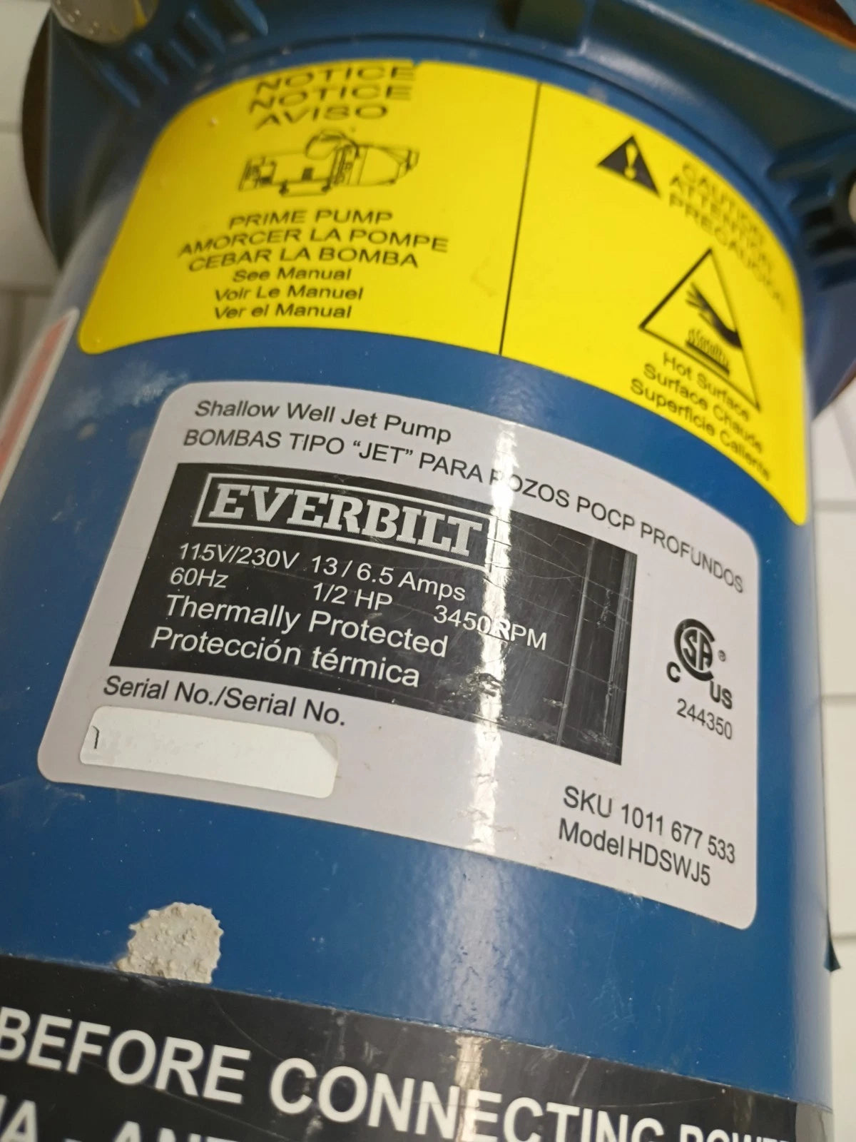 Everbilt HDSWJ5 Shallow Well Jet Pump Cast Iron 1/2HP FOR PARTS