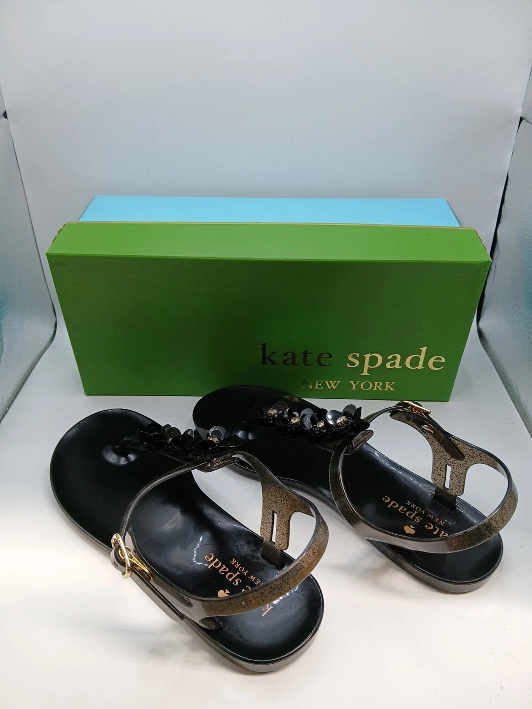 Kate Spade Black Sandals Women Size 5 Thong Style With Flower Detail