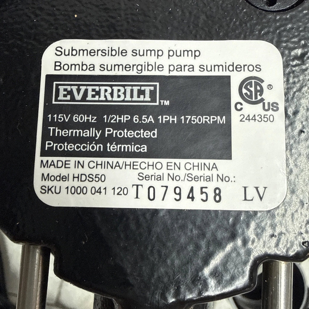 Everbilt HDS50 1/2 HP Cast Iron Submersible Sump Pump Used Good Condition